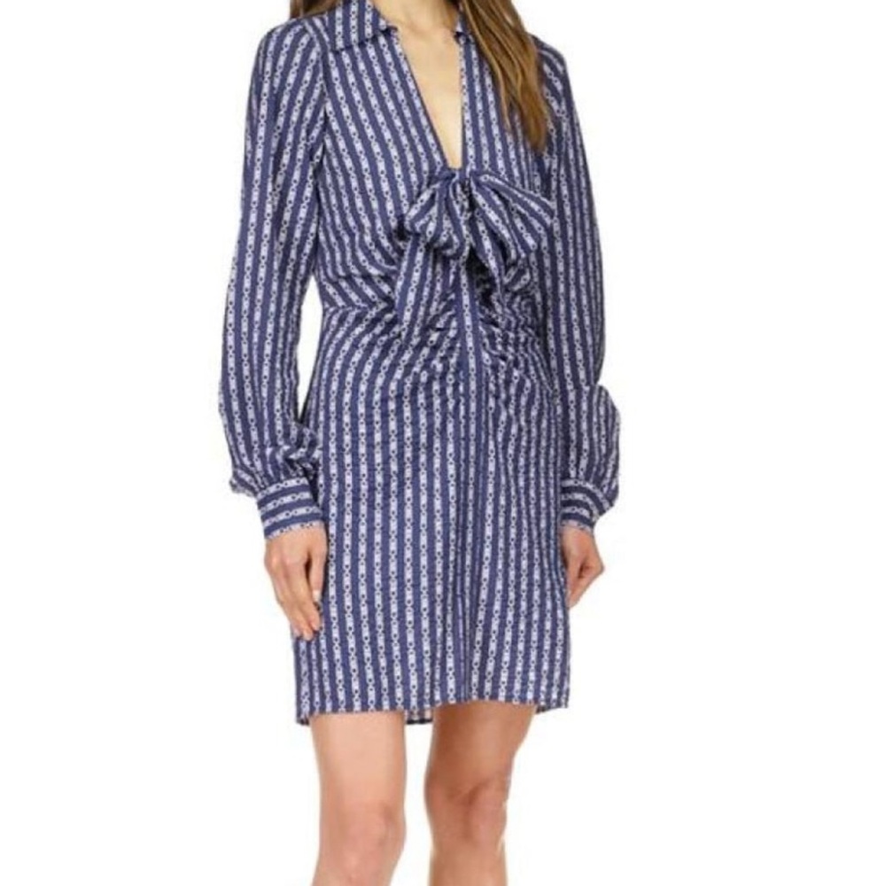 Michael Kors Blue and White Buttoned Tie Front Shirt Dress